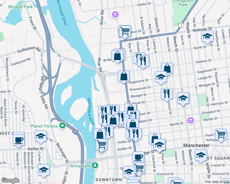 map of restaurants, bars, coffee shops, grocery stores, and more near 60 West Pennacook Street in Manchester