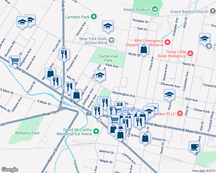 map of restaurants, bars, coffee shops, grocery stores, and more near 32 Washington Avenue in Batavia