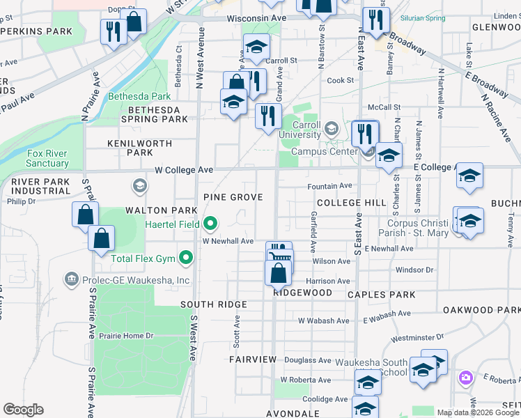 map of restaurants, bars, coffee shops, grocery stores, and more near 242 Hinman Avenue in Waukesha
