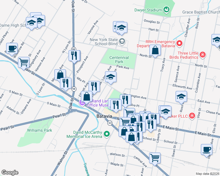 map of restaurants, bars, coffee shops, grocery stores, and more near 32 Washington Avenue in Batavia