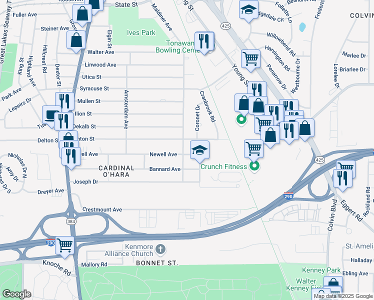 map of restaurants, bars, coffee shops, grocery stores, and more near 299 Newell Avenue in Tonawanda