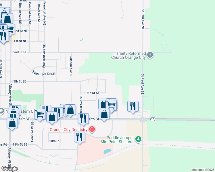 map of restaurants, bars, coffee shops, grocery stores, and more near 1199 6th Street Southeast in Orange City