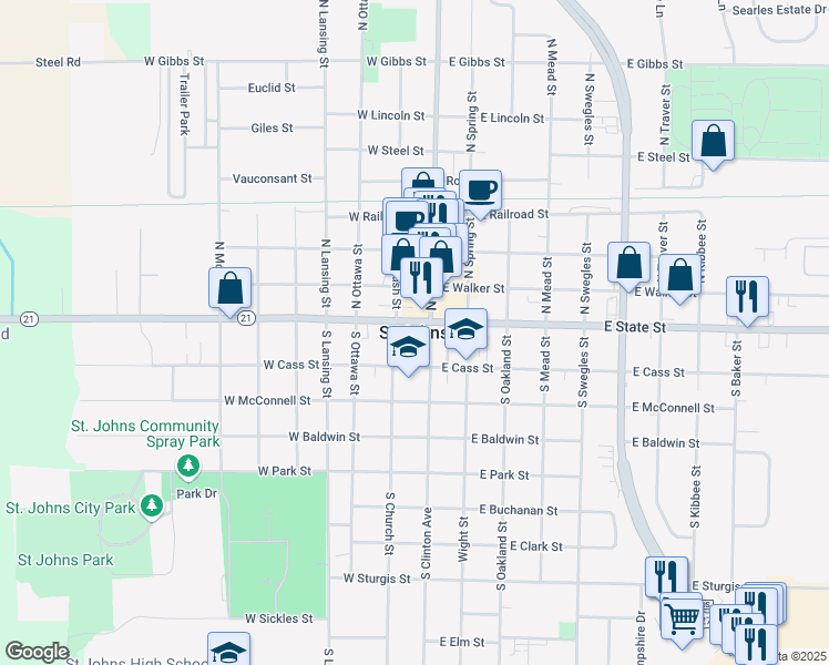 map of restaurants, bars, coffee shops, grocery stores, and more near in Saint Johns