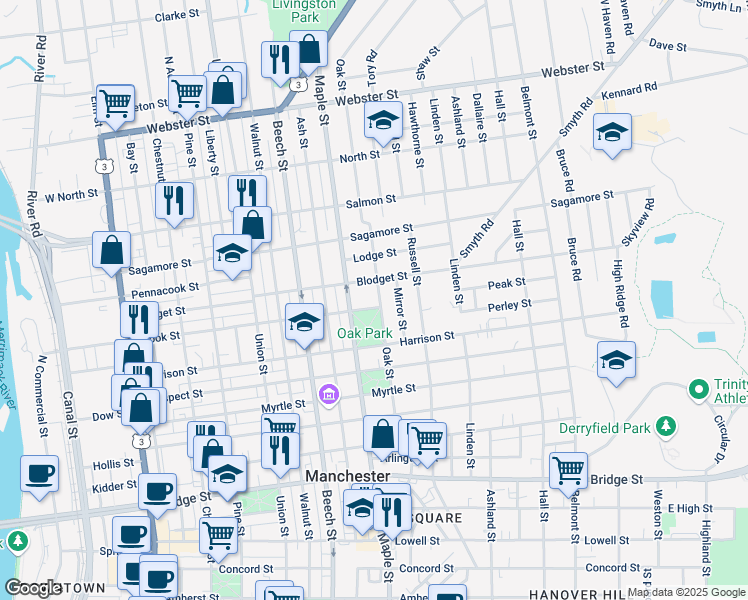 map of restaurants, bars, coffee shops, grocery stores, and more near in Manchester