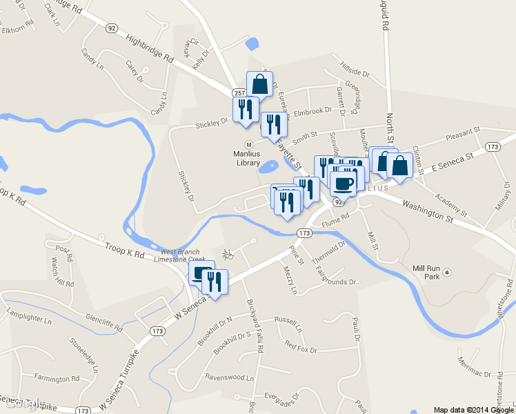 map of restaurants, bars, coffee shops, grocery stores, and more near 133 West Seneca Street in Manlius
