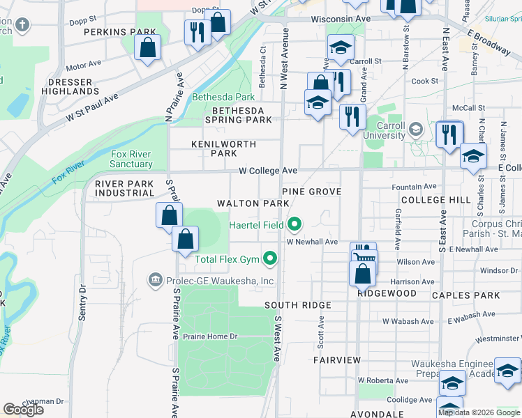 map of restaurants, bars, coffee shops, grocery stores, and more near 215 Waverly Place in Waukesha