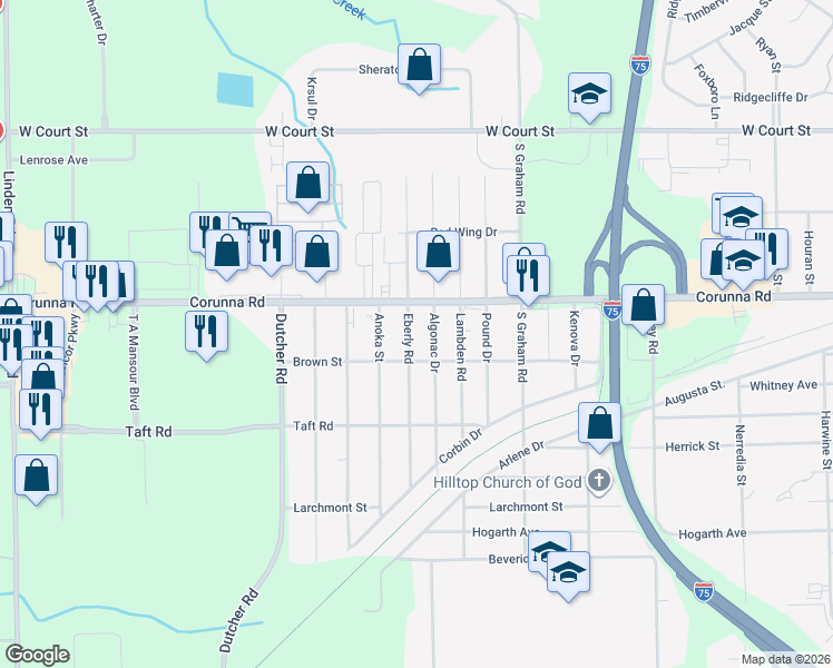 map of restaurants, bars, coffee shops, grocery stores, and more near 4108 Brown Street in Flint