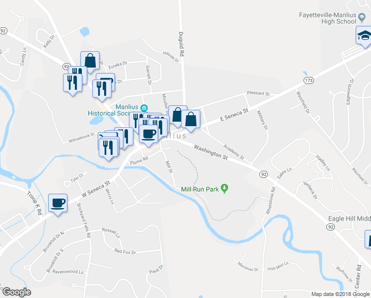 map of restaurants, bars, coffee shops, grocery stores, and more near 114 Washington Street in Manlius