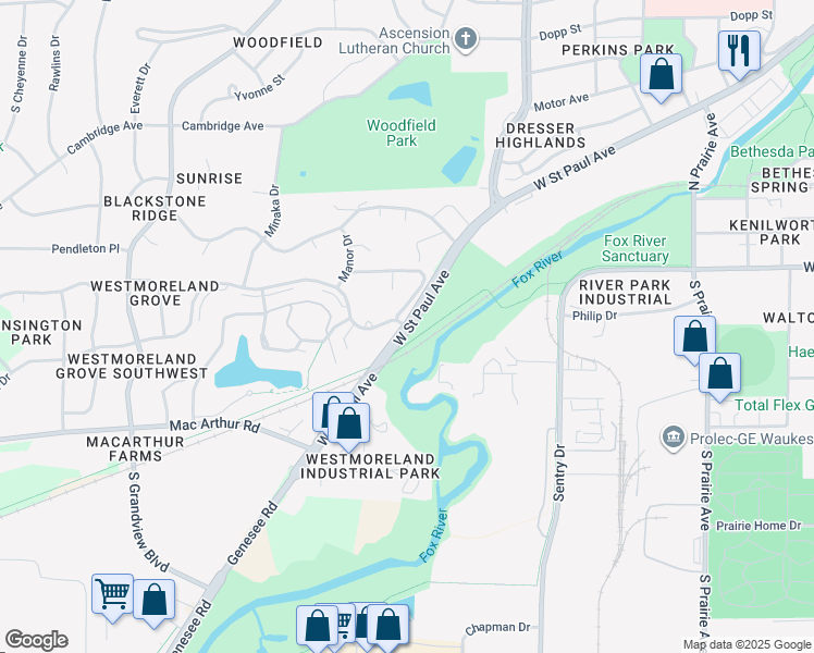 map of restaurants, bars, coffee shops, grocery stores, and more near West Saint Paul Avenue & Kensington Drive in Waukesha