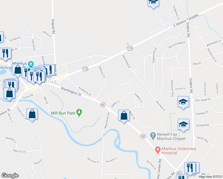 map of restaurants, bars, coffee shops, grocery stores, and more near 4730 Sabre Lane in Manlius
