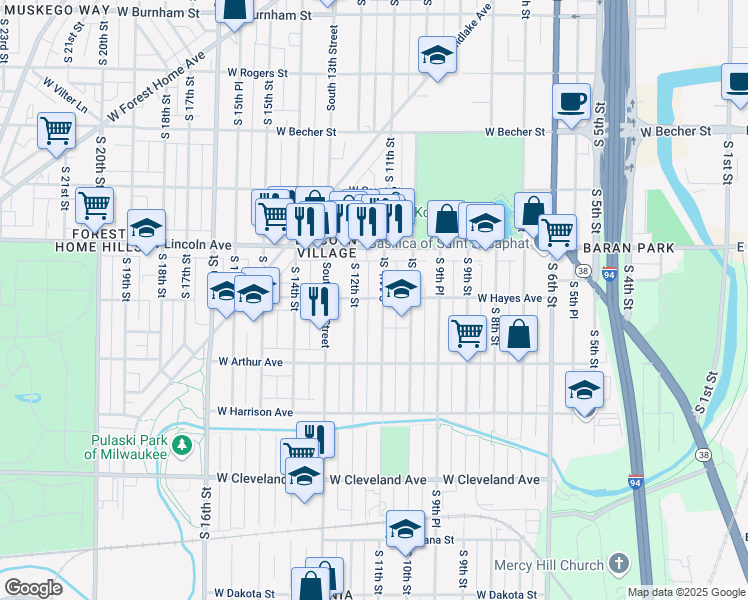 map of restaurants, bars, coffee shops, grocery stores, and more near 1105 West Hayes Avenue in Milwaukee