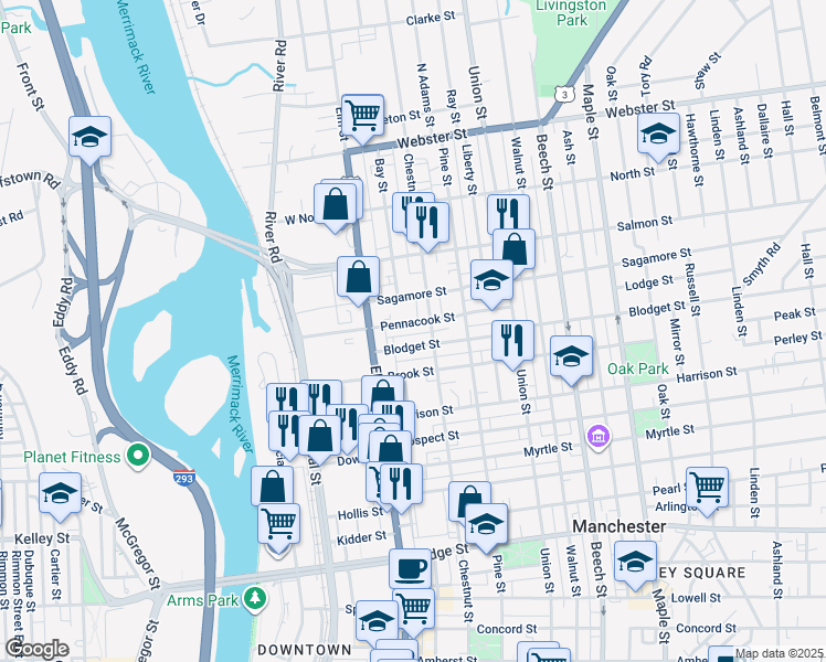 map of restaurants, bars, coffee shops, grocery stores, and more near 23 Blodget Street in Manchester
