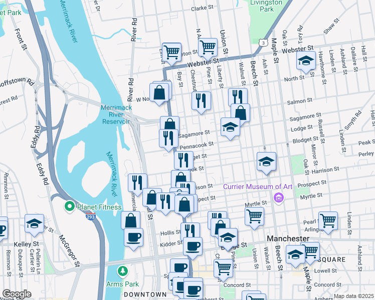 map of restaurants, bars, coffee shops, grocery stores, and more near 23 Blodget Street in Manchester