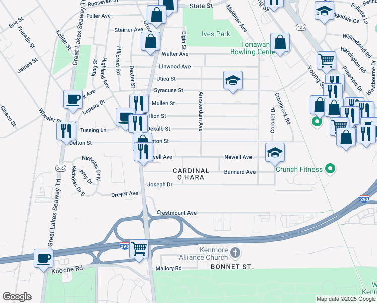 map of restaurants, bars, coffee shops, grocery stores, and more near 33 Delmar Avenue in Tonawanda