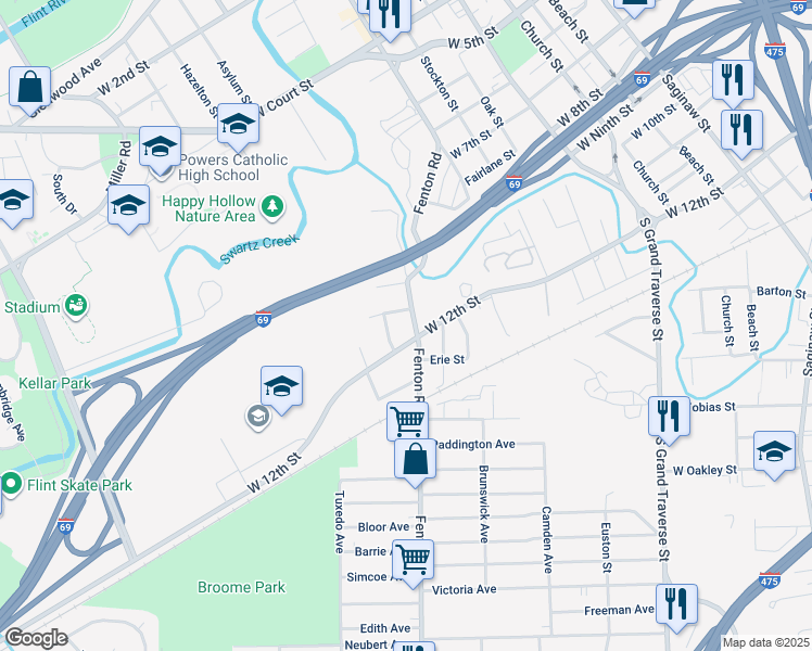 map of restaurants, bars, coffee shops, grocery stores, and more near 1019 West 12th Street in Flint
