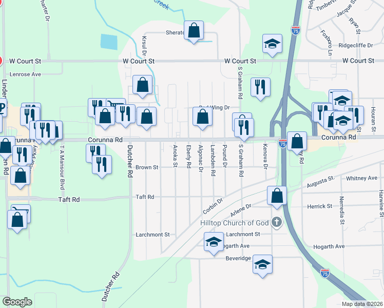 map of restaurants, bars, coffee shops, grocery stores, and more near 4108 Brown Street in Flint