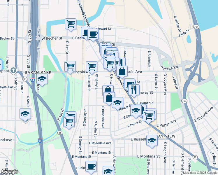 map of restaurants, bars, coffee shops, grocery stores, and more near 2422-2424 South Howell Avenue in Milwaukee
