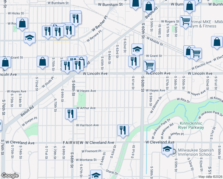 map of restaurants, bars, coffee shops, grocery stores, and more near 2425 South 63rd Street in West Allis