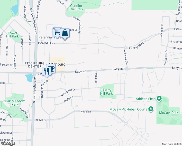 map of restaurants, bars, coffee shops, grocery stores, and more near 2680 Granite Circle in Fitchburg