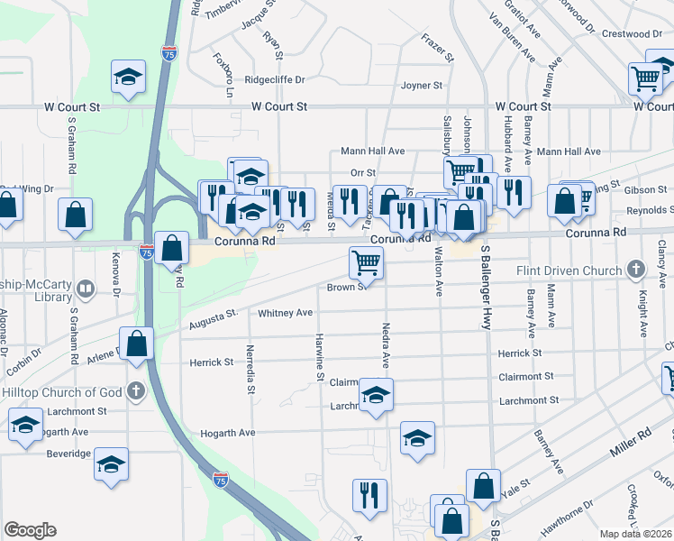 map of restaurants, bars, coffee shops, grocery stores, and more near 3195 Brown Street in Flint