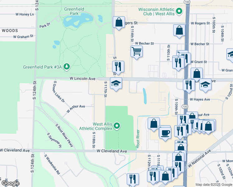 map of restaurants, bars, coffee shops, grocery stores, and more near 11601 West Lincoln Avenue in West Allis