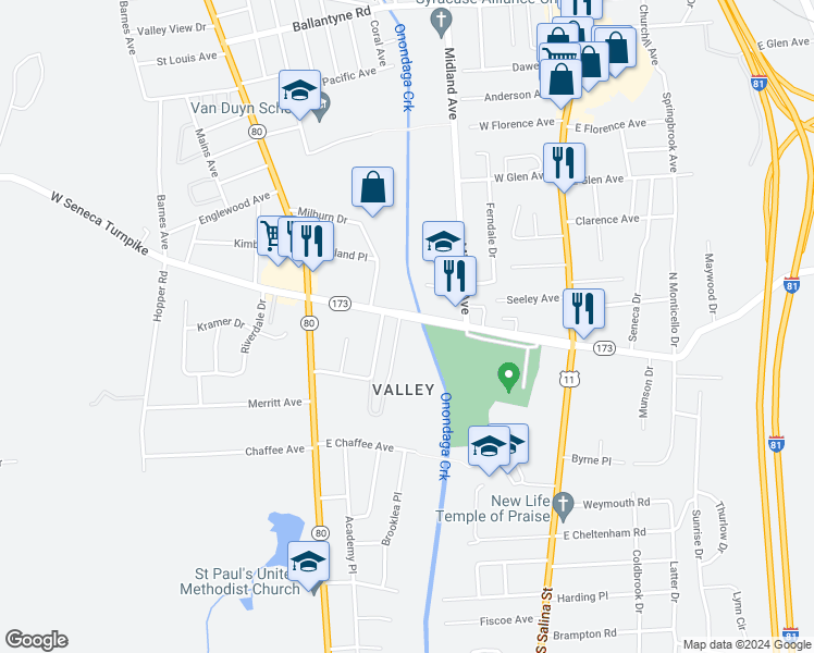 map of restaurants, bars, coffee shops, grocery stores, and more near 265 West Seneca Turnpike in Syracuse
