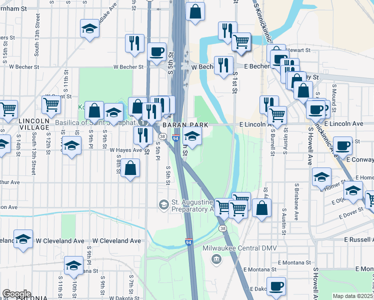 map of restaurants, bars, coffee shops, grocery stores, and more near 2424 South 4th Street in Milwaukee