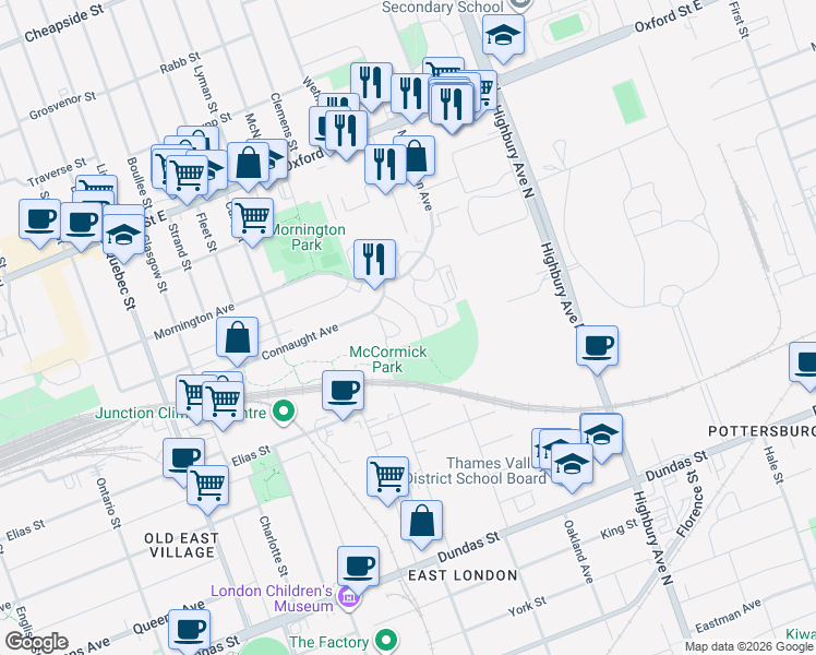 map of restaurants, bars, coffee shops, grocery stores, and more near 145 Connaught Avenue in London