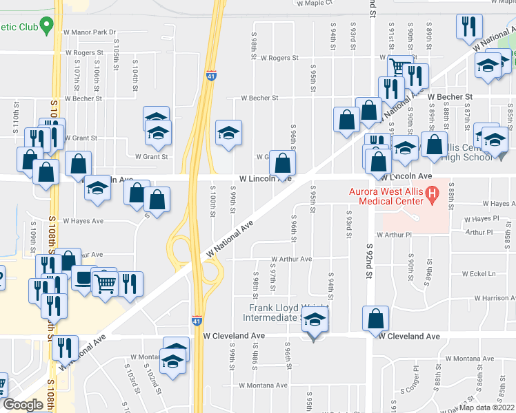 map of restaurants, bars, coffee shops, grocery stores, and more near 2358 South 98th Street in Milwaukee