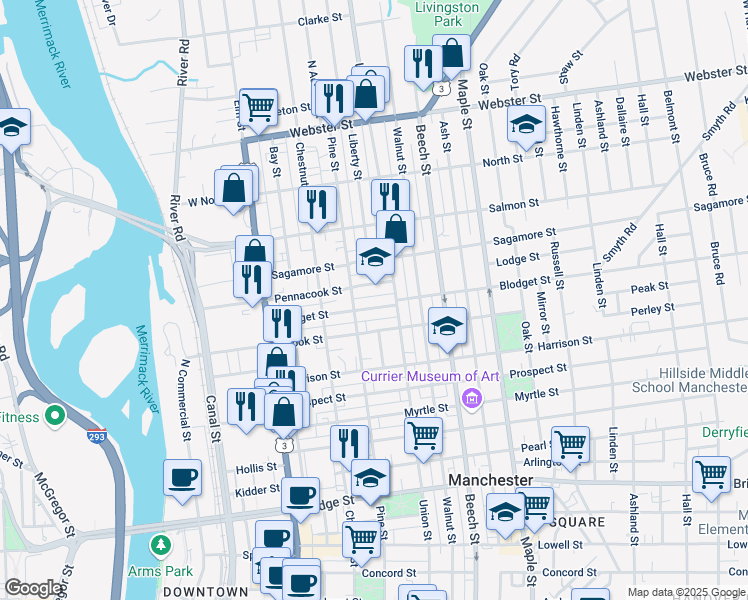 map of restaurants, bars, coffee shops, grocery stores, and more near 88 Pennacook Street in Manchester