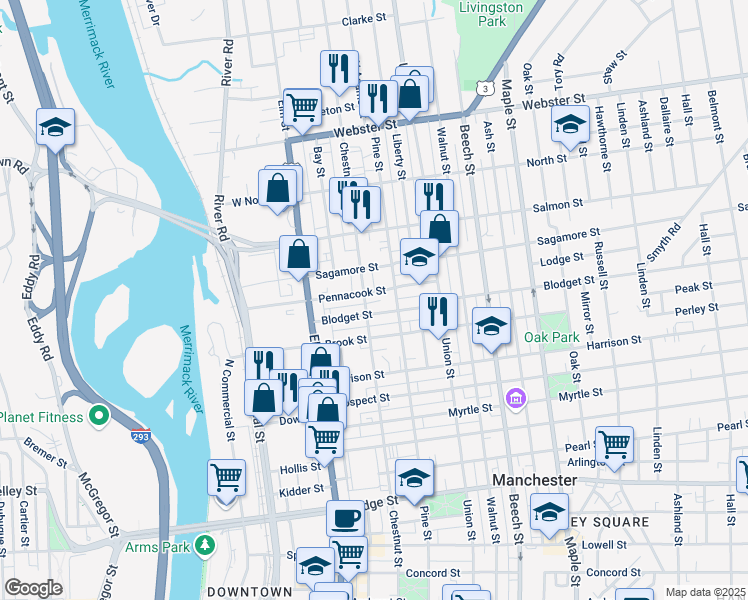 map of restaurants, bars, coffee shops, grocery stores, and more near 81 Brook Street in Manchester