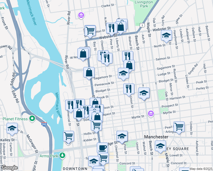 map of restaurants, bars, coffee shops, grocery stores, and more near 27 Sagamore Street in Manchester