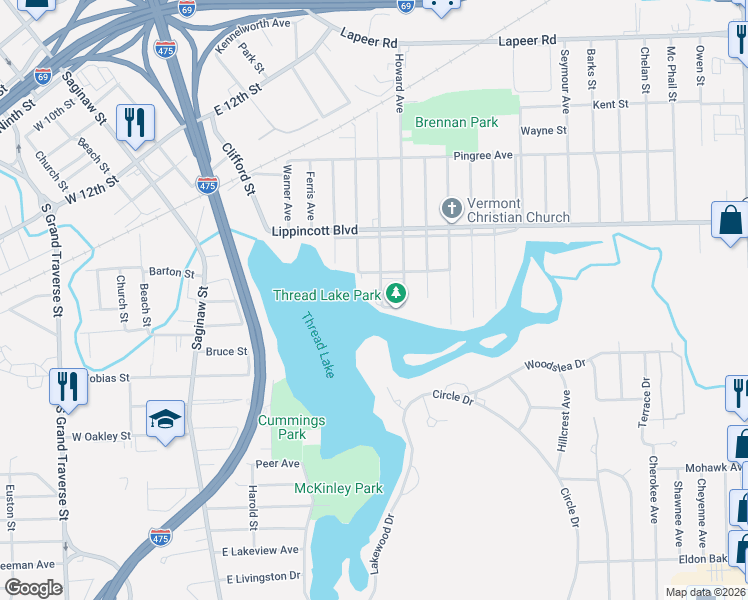 map of restaurants, bars, coffee shops, grocery stores, and more near 2202 Crocker Avenue in Flint