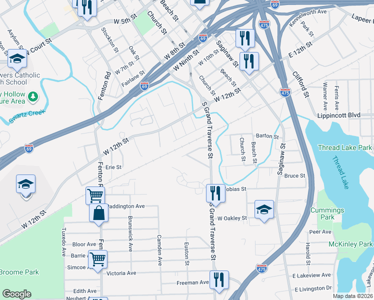 map of restaurants, bars, coffee shops, grocery stores, and more near 1727 Oak Street in Flint