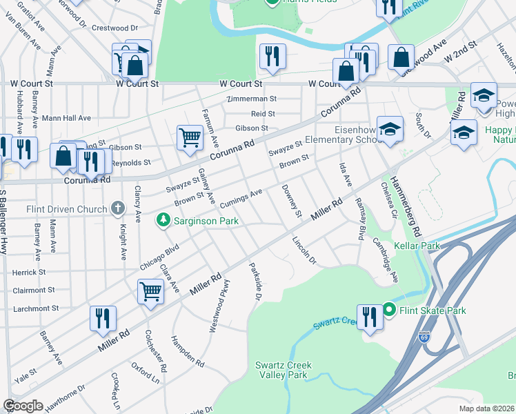 map of restaurants, bars, coffee shops, grocery stores, and more near 2418 Cumings Avenue in Flint