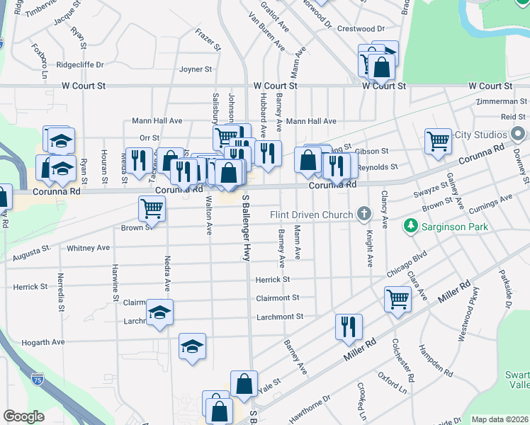 map of restaurants, bars, coffee shops, grocery stores, and more near in Flint