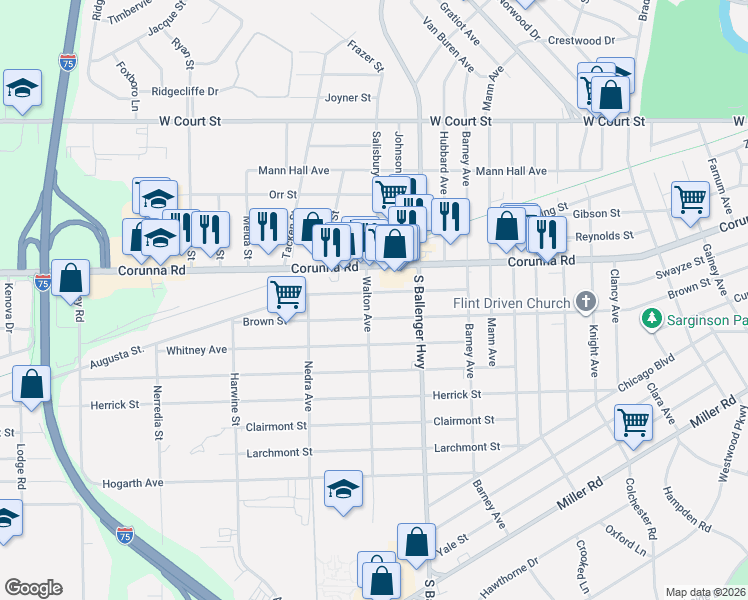 map of restaurants, bars, coffee shops, grocery stores, and more near 3801 Corunna Road in Flint
