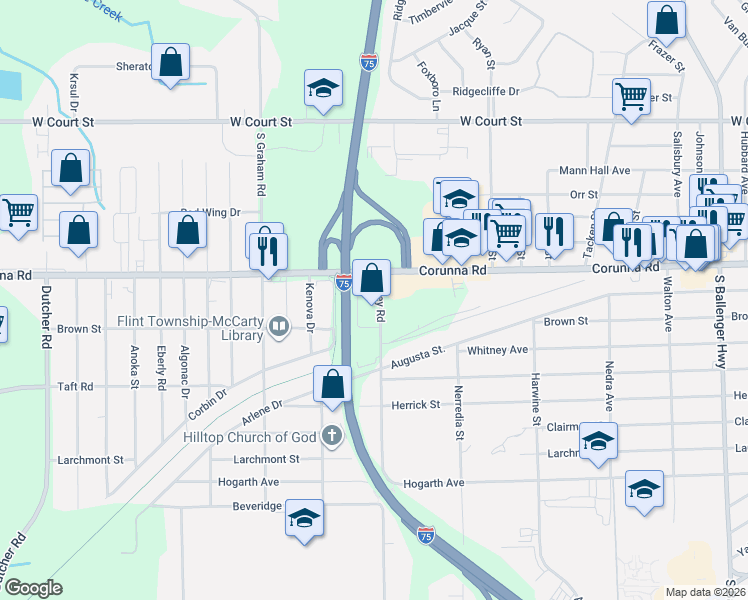map of restaurants, bars, coffee shops, grocery stores, and more near 2020 Utley Road in Flint