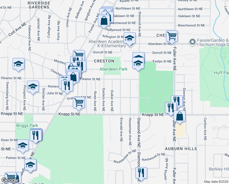 map of restaurants, bars, coffee shops, grocery stores, and more near 2142 Duiker Avenue Northeast in Grand Rapids