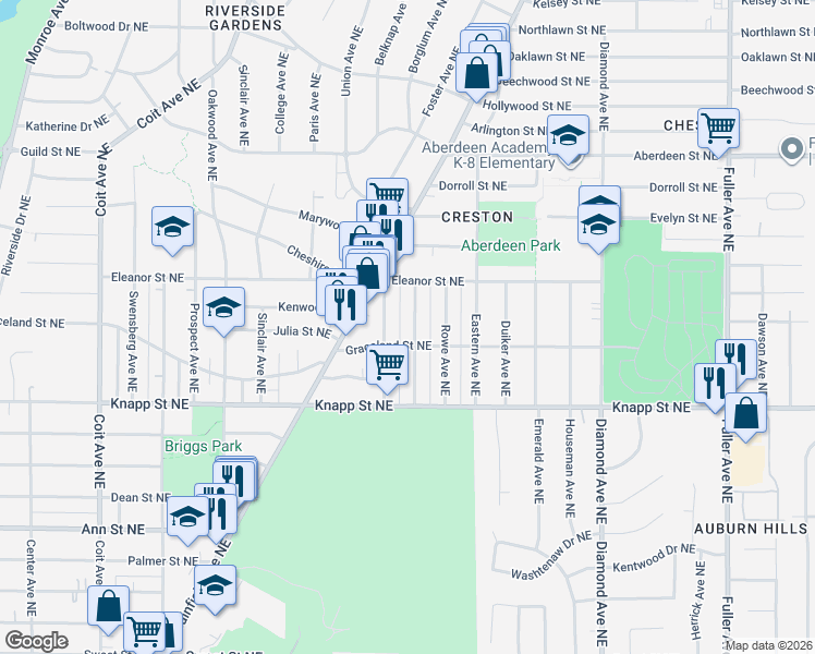 map of restaurants, bars, coffee shops, grocery stores, and more near 2142 Edgewood Avenue Northeast in Grand Rapids