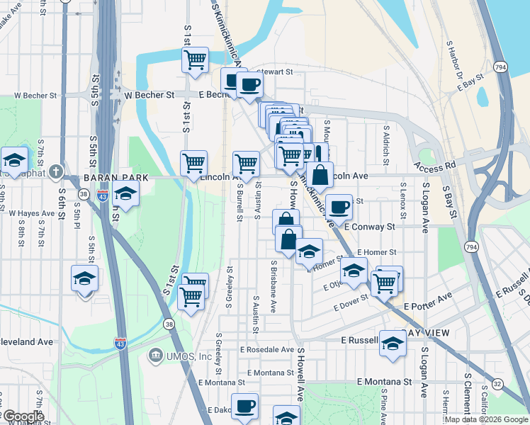 map of restaurants, bars, coffee shops, grocery stores, and more near 2342 South Austin Street in Milwaukee