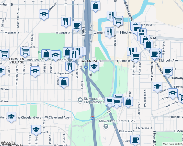 map of restaurants, bars, coffee shops, grocery stores, and more near 316 West Hayes Avenue in Milwaukee