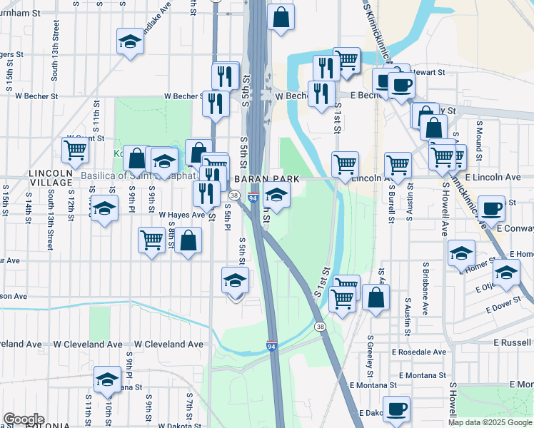 map of restaurants, bars, coffee shops, grocery stores, and more near 316 West Hayes Avenue in Milwaukee