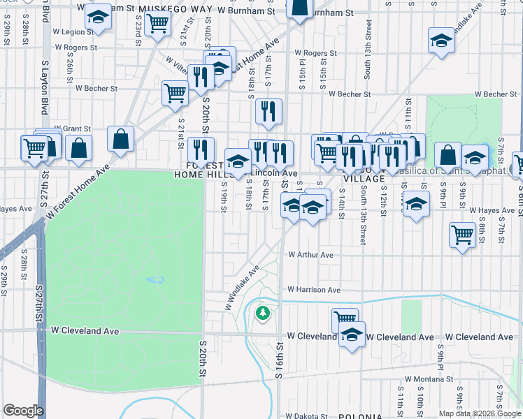 map of restaurants, bars, coffee shops, grocery stores, and more near 2338A South 17th Street in Milwaukee