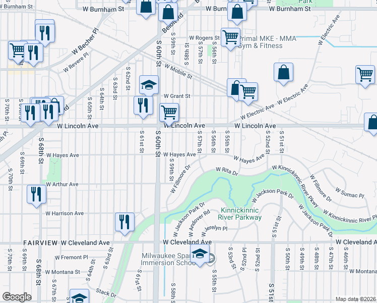 map of restaurants, bars, coffee shops, grocery stores, and more near 2341 South 58th Street in West Allis