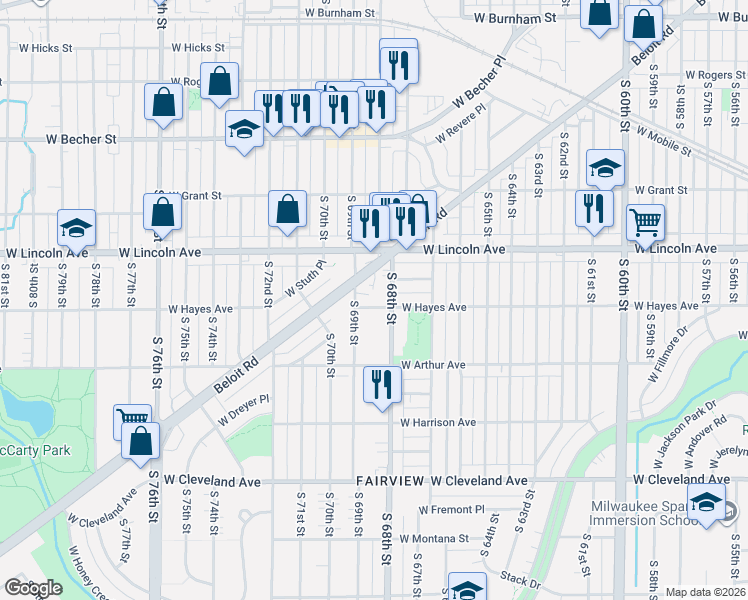 map of restaurants, bars, coffee shops, grocery stores, and more near 2341 South 68th Street in West Allis