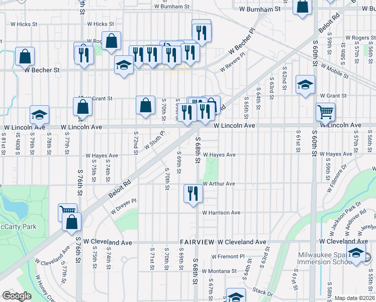 map of restaurants, bars, coffee shops, grocery stores, and more near 6857 Beloit Road in West Allis