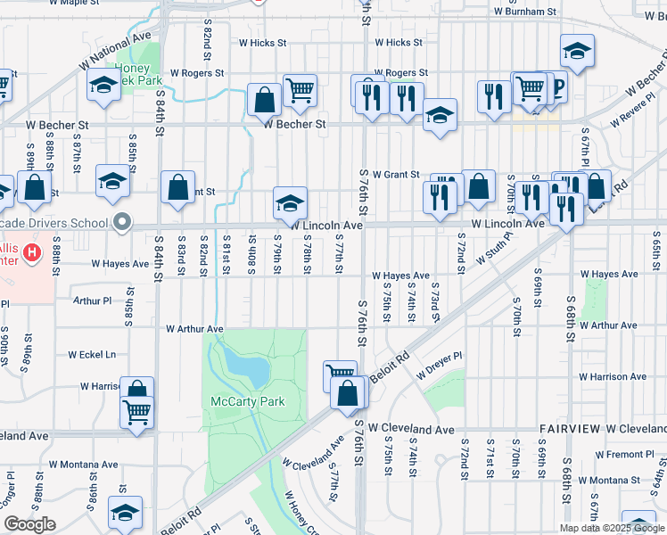 map of restaurants, bars, coffee shops, grocery stores, and more near 2340 South 78th Street in West Allis