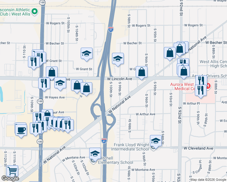 map of restaurants, bars, coffee shops, grocery stores, and more near 2322 South 100th Street in West Allis