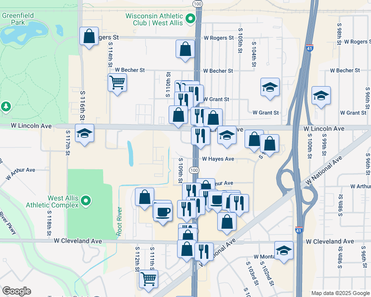map of restaurants, bars, coffee shops, grocery stores, and more near 2323 South 109th Street in West Allis